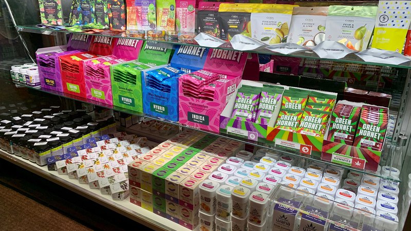 THC gummies on shelves in High Country Healing Alma dispensary